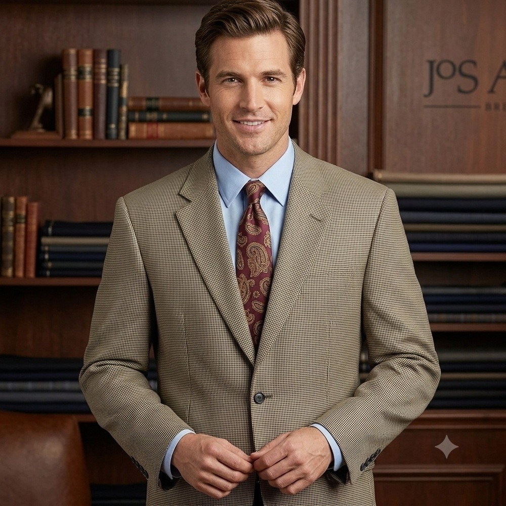 Jos. A. Bank Sport Coat Mens 44R Tan Black Houndstooth 100% Wool 2-Button Blazer